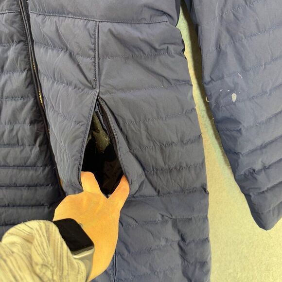 Hunter Women's Size Large Navy Blue Puffer Coat Faux Fur Collar Hood Down Fill - Picture 9 of 16